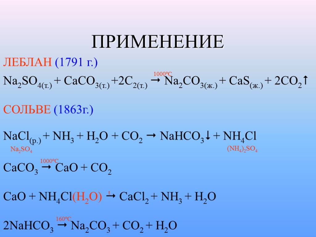 ПРИМЕНЕНИЕ ЛЕБЛАН (1791 г.) Na2SO4(т.) + CaCO3(т.) +2C2(т.)  Na2CO3(ж.) + CaS(ж.) + 2CO2